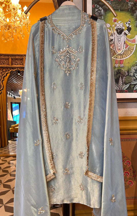 Nayra Dabka Work Organza Suit (Teal)