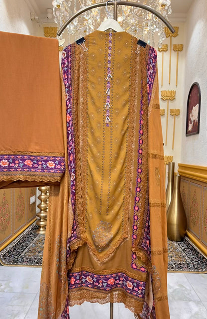 Elvaya Printed Pashmina Suit (Mustard)