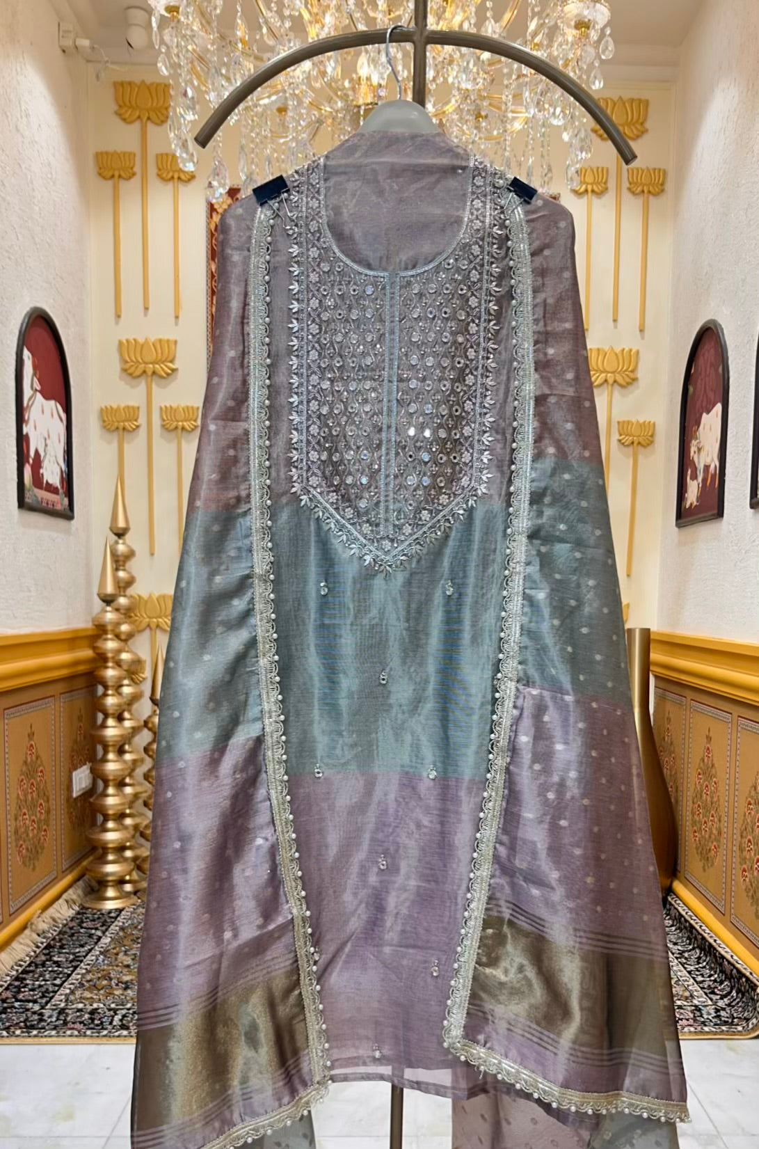 Mahveen Banarasi Glint Suit (Olive Green)