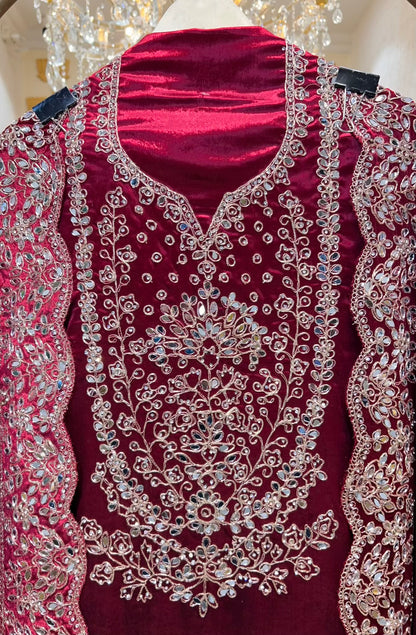 Ruhnaz Velvet Taj Suit (Red)