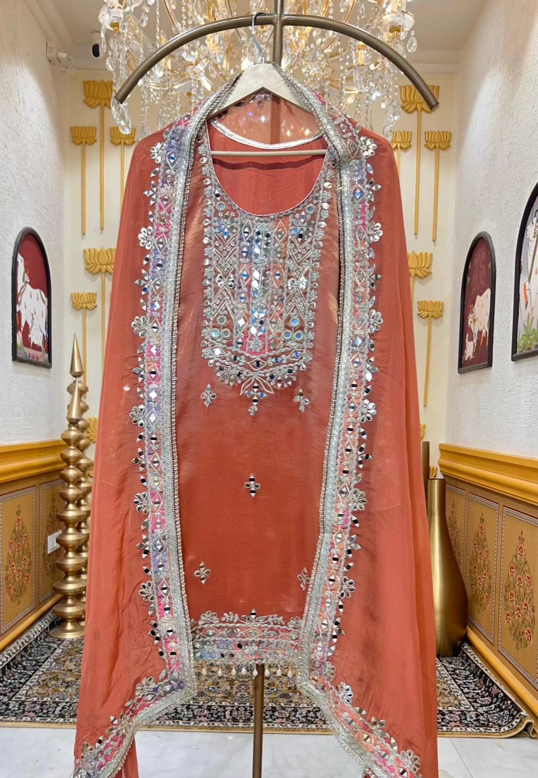 Afsara Aaina Leather Gharara Set (Rust)