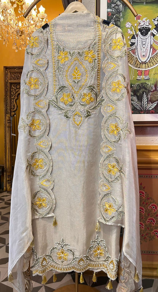Zyra Organza Suit (Beige & Yellow)