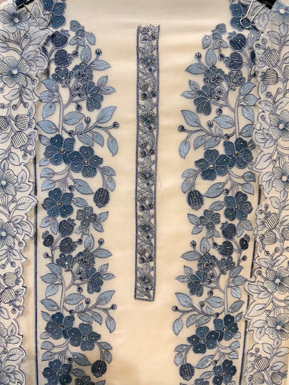 Mehveen Chanderi Mul Suit (Beige & Blue)