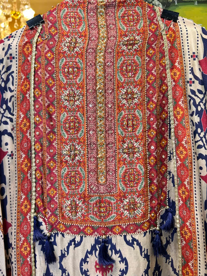 Mehrunisa Silk Suit (Ivory & Blue)