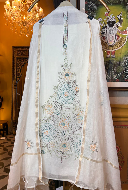 Rooh-e-Mul Chanderi(Ivory blue)