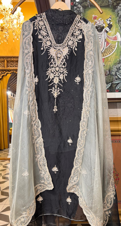 Zarqa Aari Organza Suit (Black)