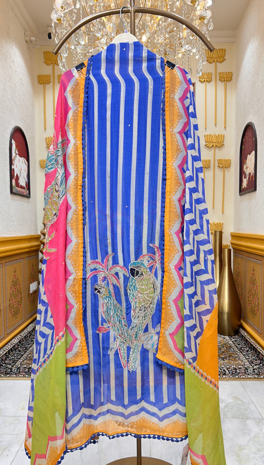 Gulnaar Parrot Bloom Mul Suit (Blue)