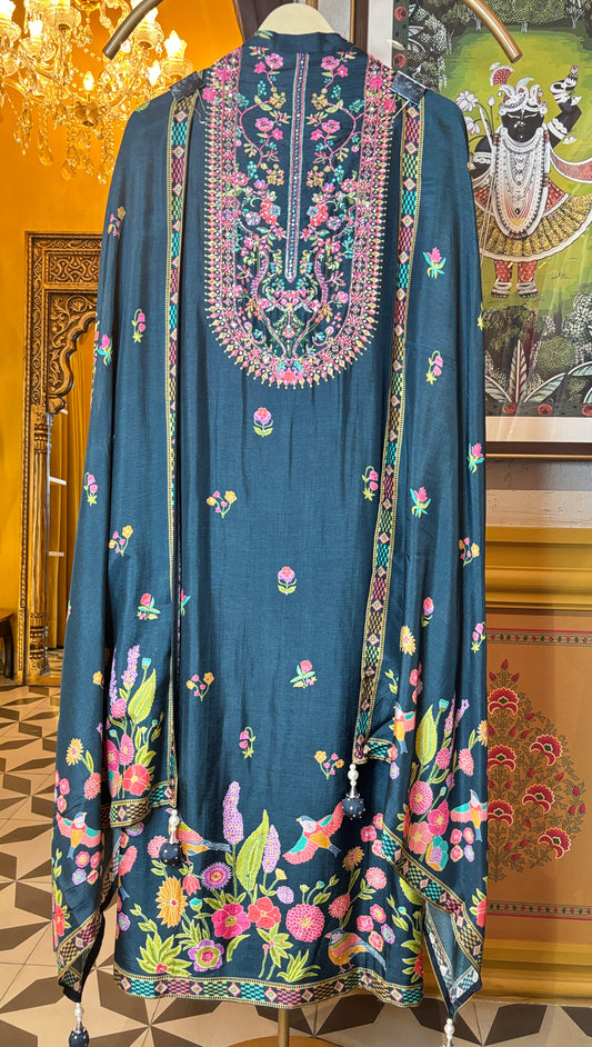 Elegance Muslin Suit (Peacock Blue)